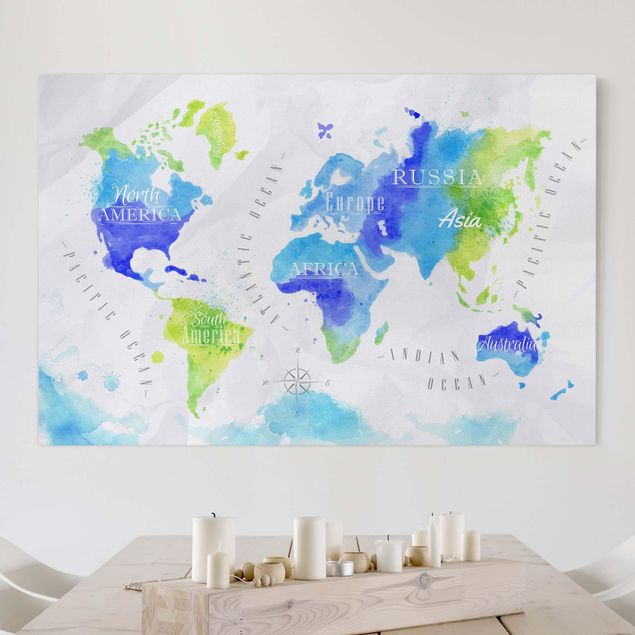 Wanddeko Wohnzimmer Weltkarte Aquarell blau grün