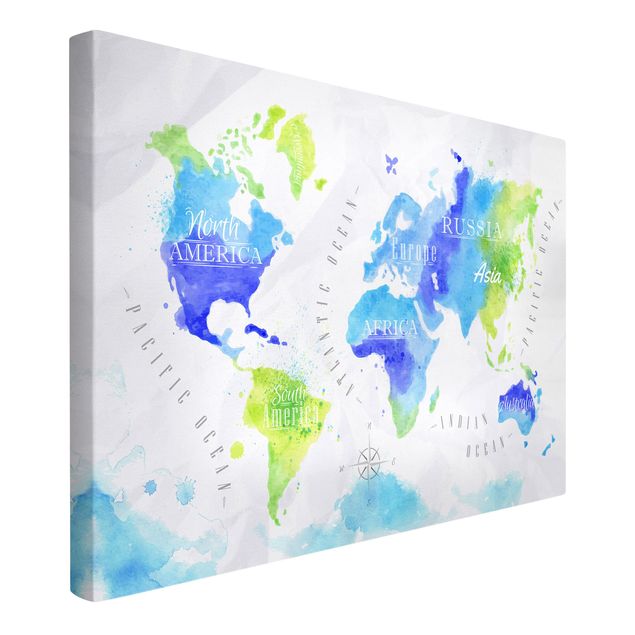 Wanddeko Flur Weltkarte Aquarell blau grün