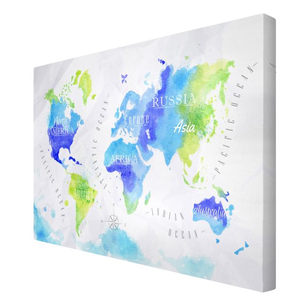 Wanddeko Büro Weltkarte Aquarell blau grün