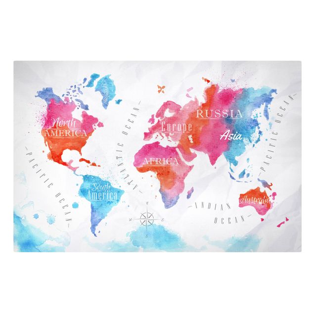 Wanddeko Büro Weltkarte Aquarell rot blau