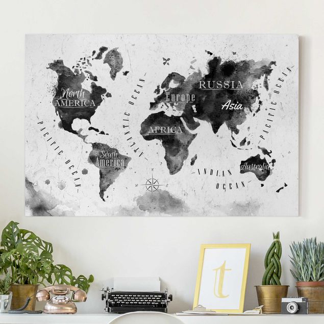 Wanddeko Schlafzimmer Weltkarte Aquarell schwarz