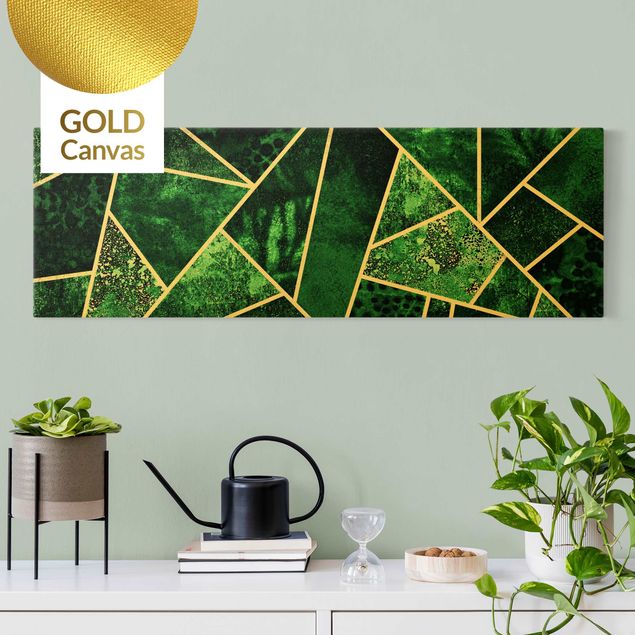 Wanddeko Wohnzimmer Goldene Geometrie - Dunkler Smaragd