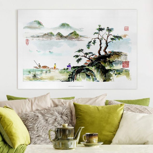 Wanddeko Wohnzimmer Japanische Aquarell Zeichnung See und Berge