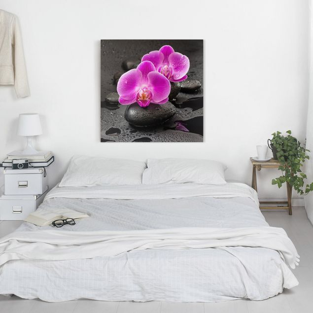 Wanddeko Wohnzimmer Pinke Orchideenblüten auf Steinen mit Tropfen