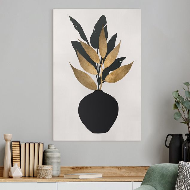 Wanddeko Wohnzimmer Grafische Pflanzenwelt - Gold und Schwarz
