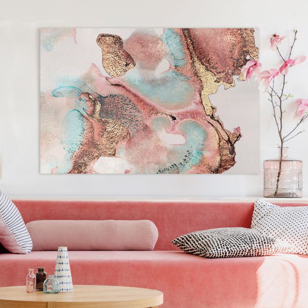 Wanddeko Wohnzimmer Goldenes Aquarell Rosé