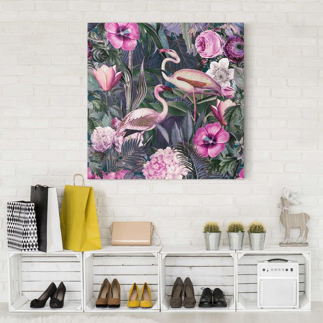 Leinwandbilder Rosen Bunte Collage - Pinke Flamingos im Dschungel