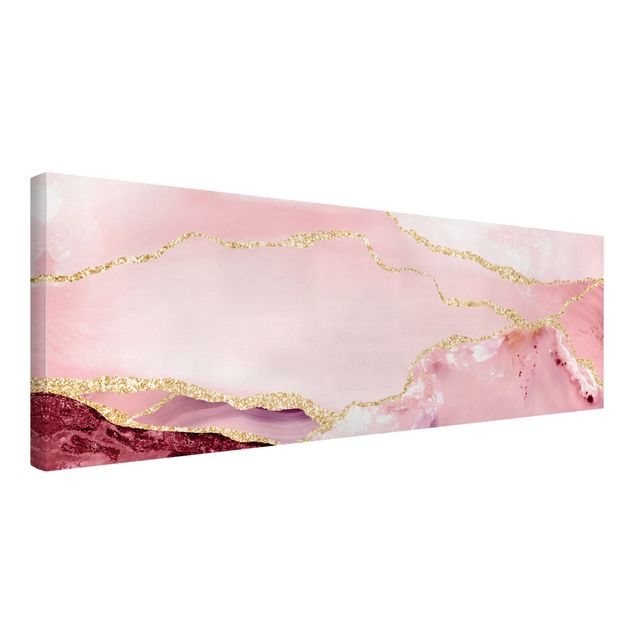 Wanddeko Esszimmer Abstrakte Berge Rosa mit Goldenen Linien