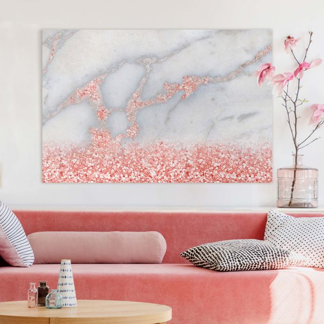 Wanddeko Wohnzimmer Marmoroptik mit Rosa Konfetti
