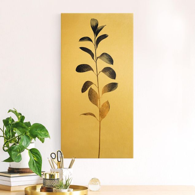 Wanddeko Wohnzimmer Grafische Pflanzenwelt - Gold und Grau