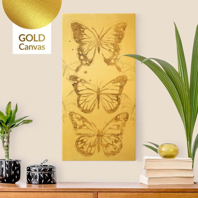 Wanddeko Wohnzimmer Schmetterlingskomposition in Gold I