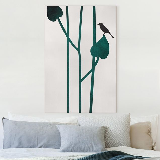 Wanddeko Wohnzimmer Grafische Pflanzenwelt - Vogel auf Blatt