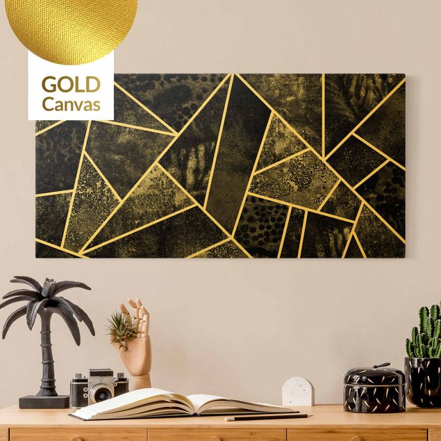 Wanddeko Wohnzimmer Goldene Geometrie - Graue Dreiecke