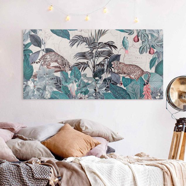 Wanddeko Wohnzimmer Vintage Collage - Raubkatzen im Dschungel