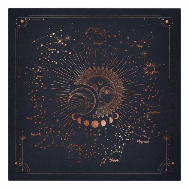 Wanddeko Flur Astrologie Sonne Mond und Sterne Blau Gold