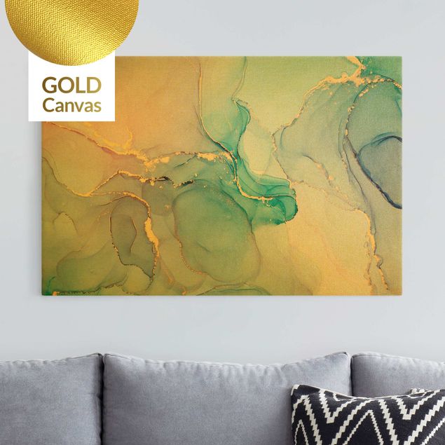 Wanddeko Wohnzimmer Aquarell Pastell Türkis mit Gold