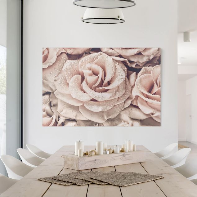 Wanddeko Wohnzimmer Rosen Sepia mit Wassertropfen