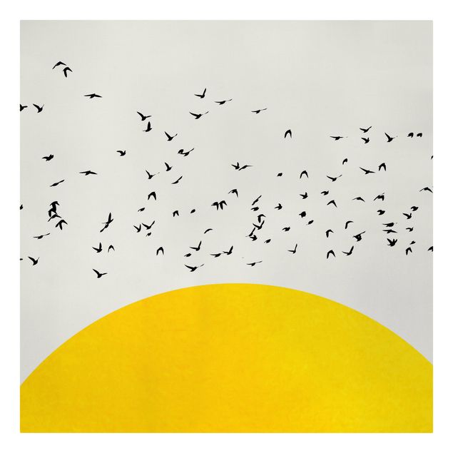 Wanddeko Esszimmer Vogelschwarm vor gelber Sonne