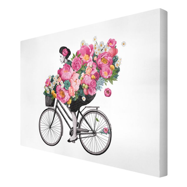 Wanddeko Esszimmer Illustration Frau auf Fahrrad Collage bunte Blumen