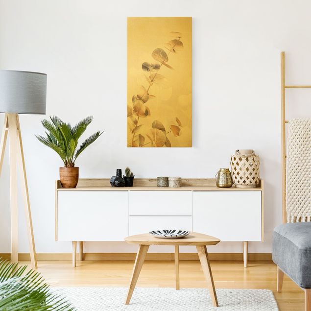 Wanddeko Schlafzimmer Goldene Eukalyptuszweige mit Weiß I