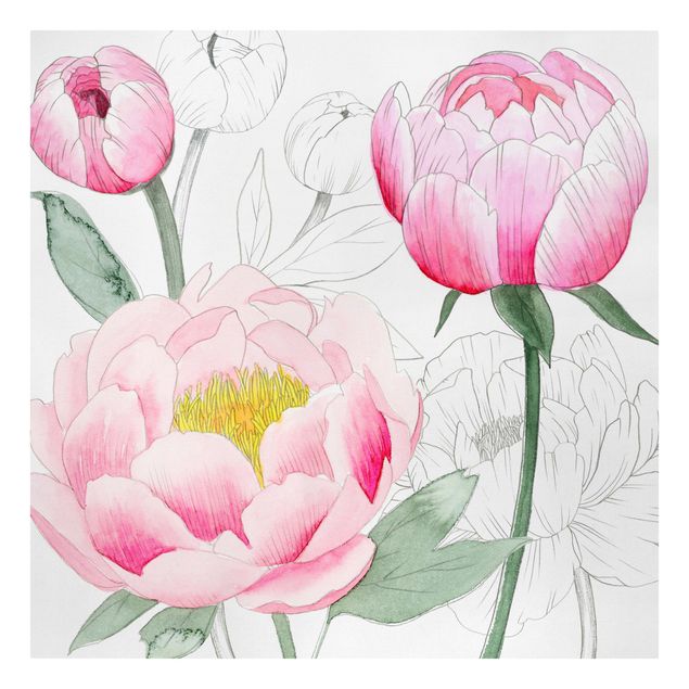 Wanddeko Flur Zeichnung Rosa Päonien II