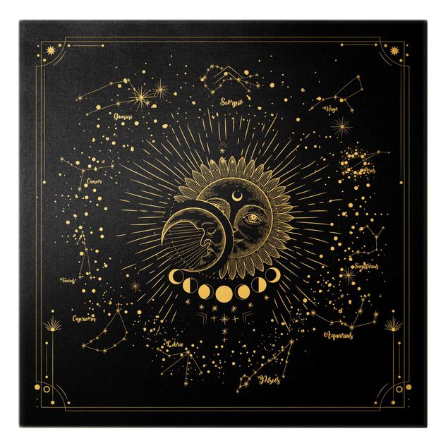 Wanddeko Sternbilder Astrologie Sonne Mond und Sterne Schwarz
