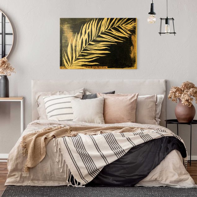 Wanddeko Schlafzimmer Palmenblatt auf Schwarz und Gold