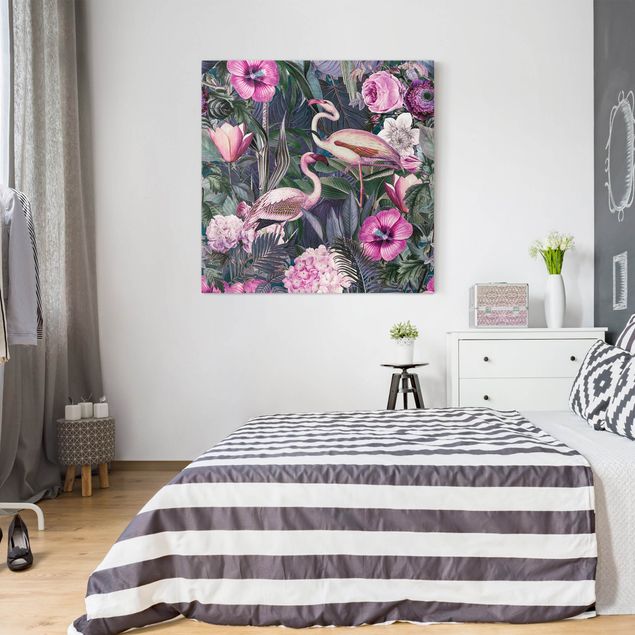 Wanddeko Schlafzimmer Bunte Collage - Pinke Flamingos im Dschungel