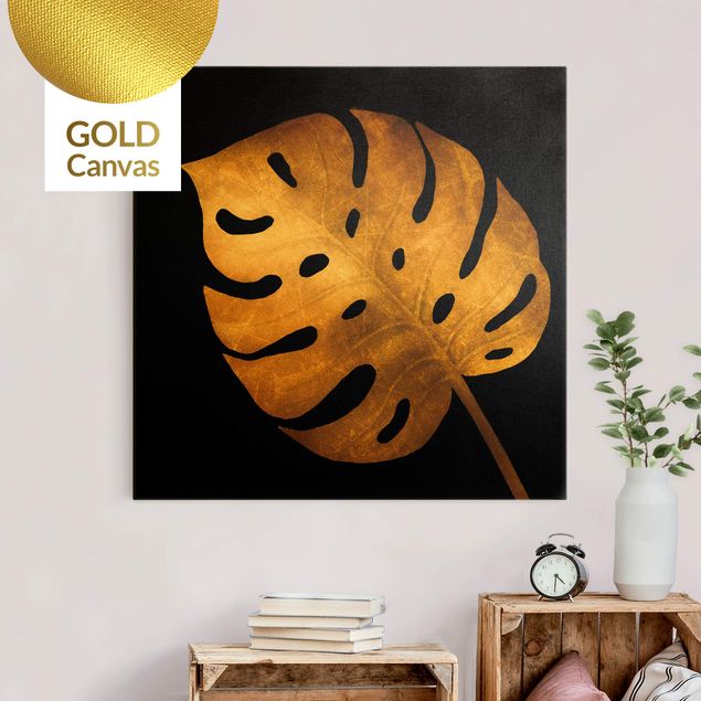 Wanddeko Wohnzimmer Gold - Monstera auf Schwarz
