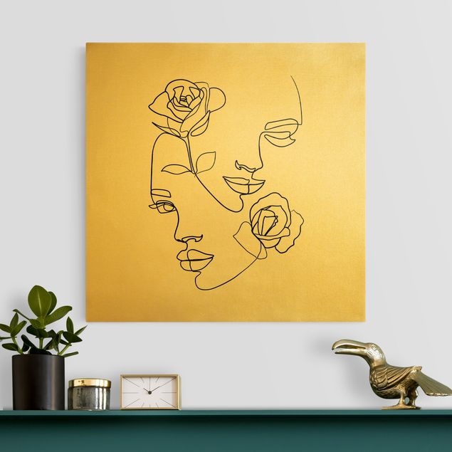Wanddeko Wohnzimmer Line Art Gesichter Frauen Rosen Schwarz Weiß