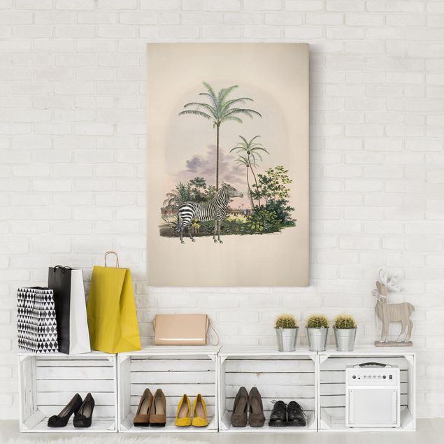 Wanddeko Wohnzimmer Zebra vor Palmen Illustration