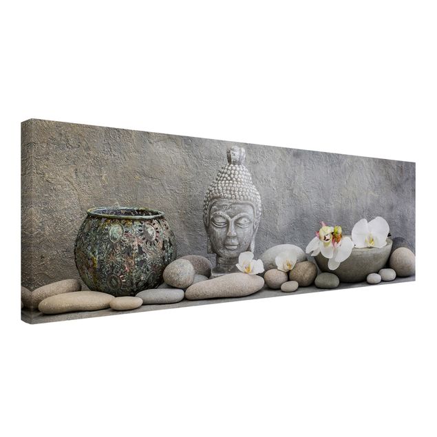 Wanddeko Wohnzimmer Zen Buddha mit weißen Orchideen