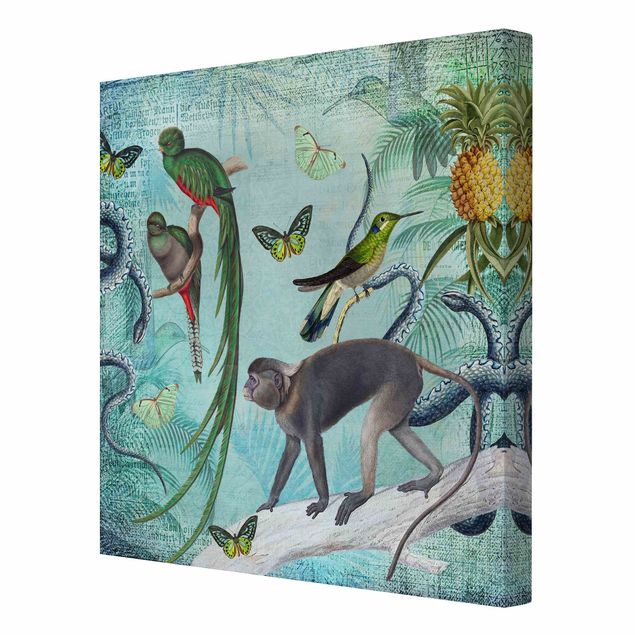Wanddeko Esszimmer Colonial Style Collage - Äffchen und Paradiesvögel
