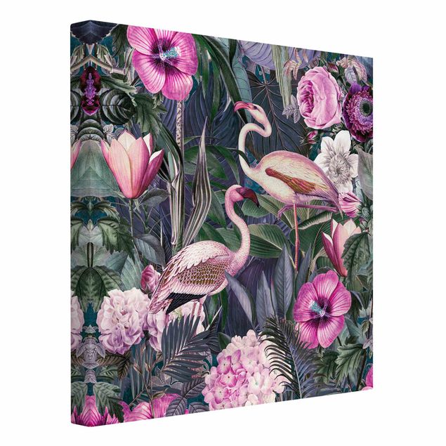 Wanddeko Blume Bunte Collage - Pinke Flamingos im Dschungel