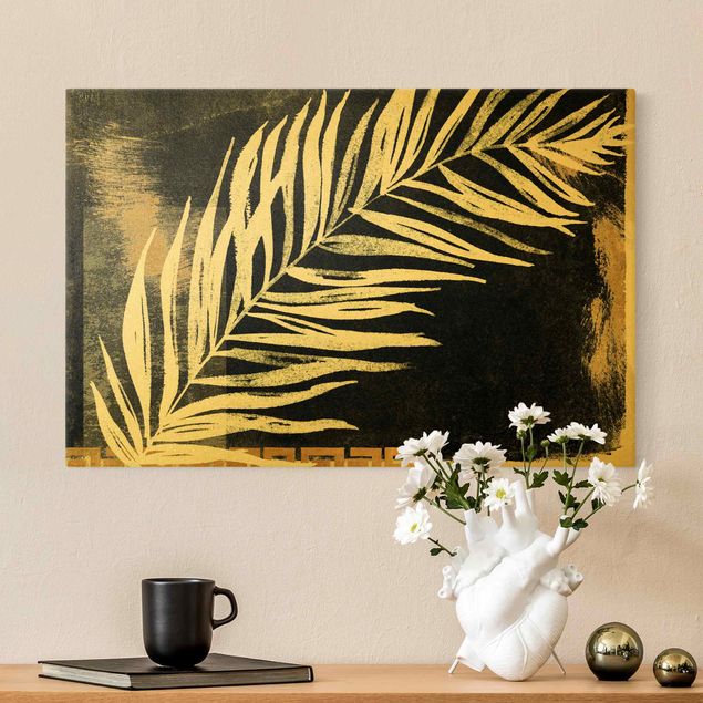 Wanddeko Wohnzimmer Palmenblatt auf Schwarz und Gold
