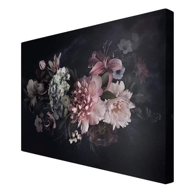 Wanddeko Flur Blumen mit Nebel auf Schwarz