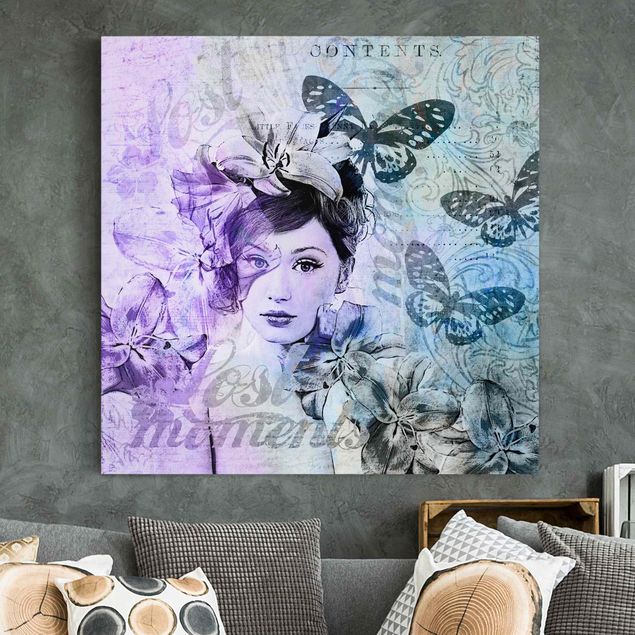 Wanddeko Wohnzimmer Shabby Chic Collage - Portrait mit Schmetterlingen
