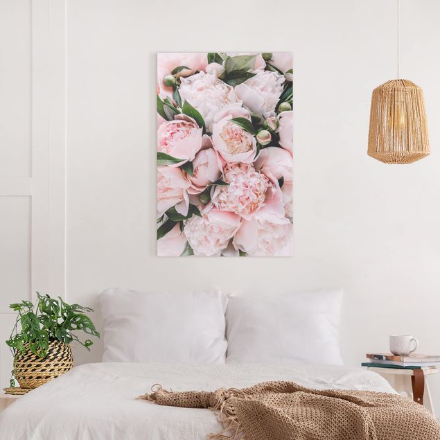 Wanddeko Schlafzimmer Rosa Pfingstrosen mit Blättern