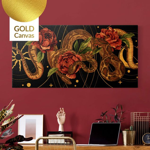 Wanddeko Wohnzimmer Schlangen mit Rosen vor Schwarz und Gold I