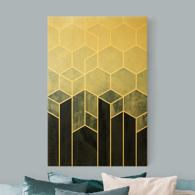 Wanddeko Schlafzimmer Goldene Geometrie - Sechsecke Blau Weiß