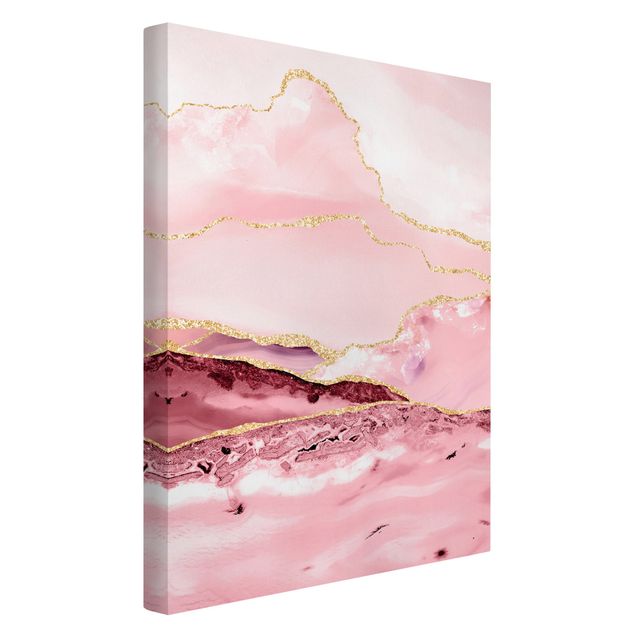 Wanddeko Esszimmer Abstrakte Berge Rosa mit Goldenen Linien