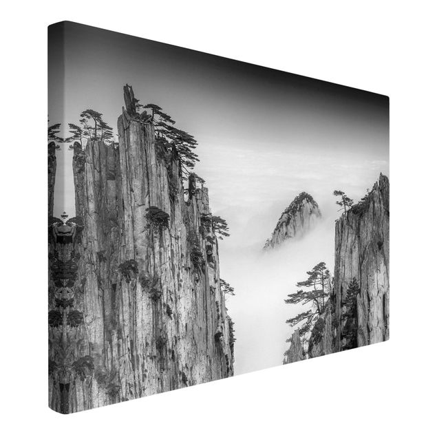 Wanddeko Esszimmer Felsen im Nebel schwarz-weiß