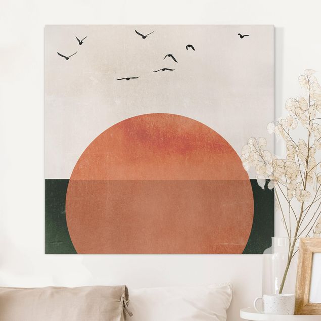 Wanddeko Wohnzimmer Vogelschwarm vor aufgehender Sonne