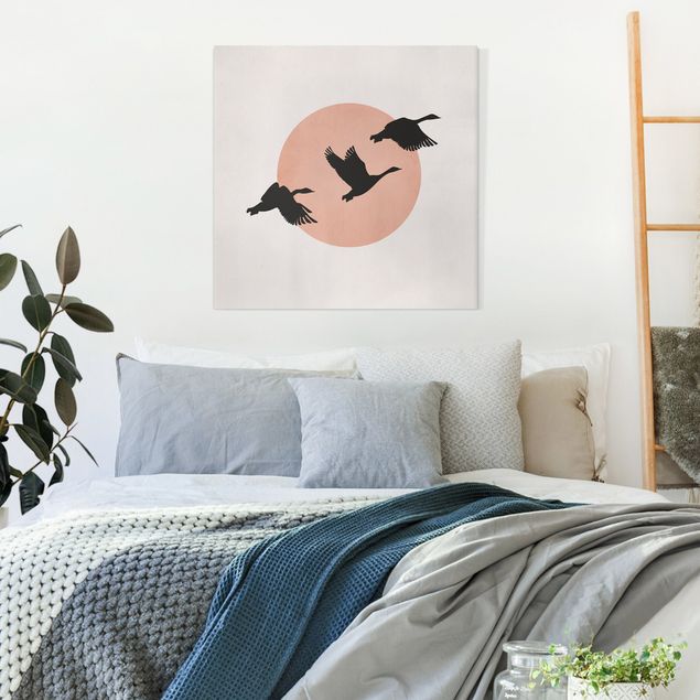 Wanddeko Schlafzimmer Vögel vor rosa Sonne III