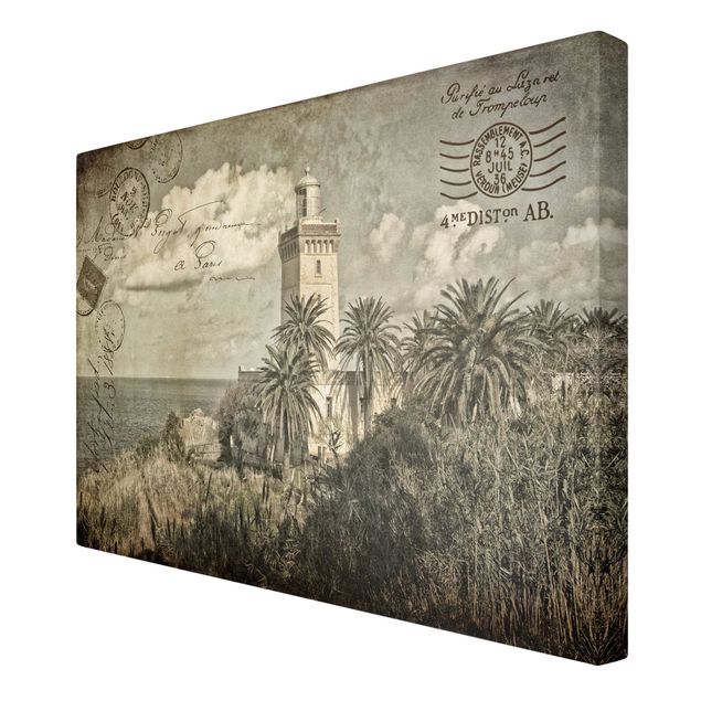 Wanddeko Büro Vintage Postkarte mit Leuchtturm und Palmen