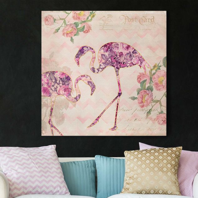 Wanddeko Wohnzimmer Vintage Collage - Rosa Blüten Flamingos