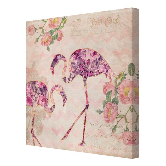 Wanddeko Esszimmer Vintage Collage - Rosa Blüten Flamingos