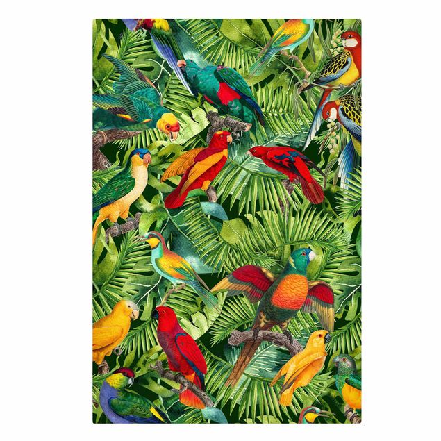 Wanddeko Esszimmer Bunte Collage - Papageien im Dschungel