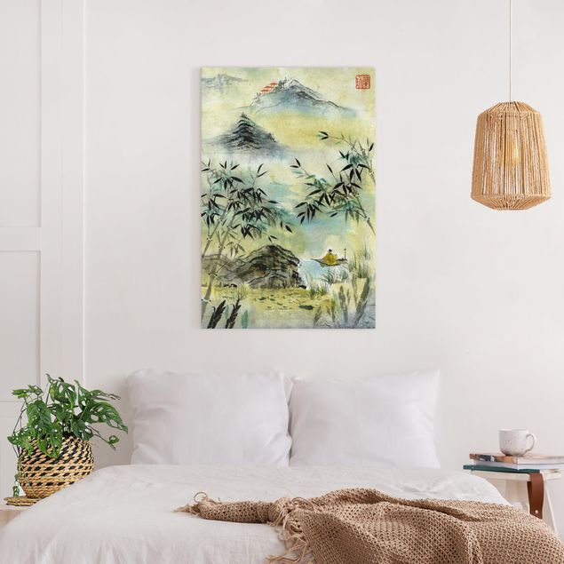 Wanddeko Wohnzimmer Japanische Aquarell Zeichnung Bambuswald