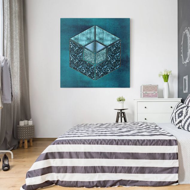 Wanddeko Flur Blaues Hexagon mit Goldkontur